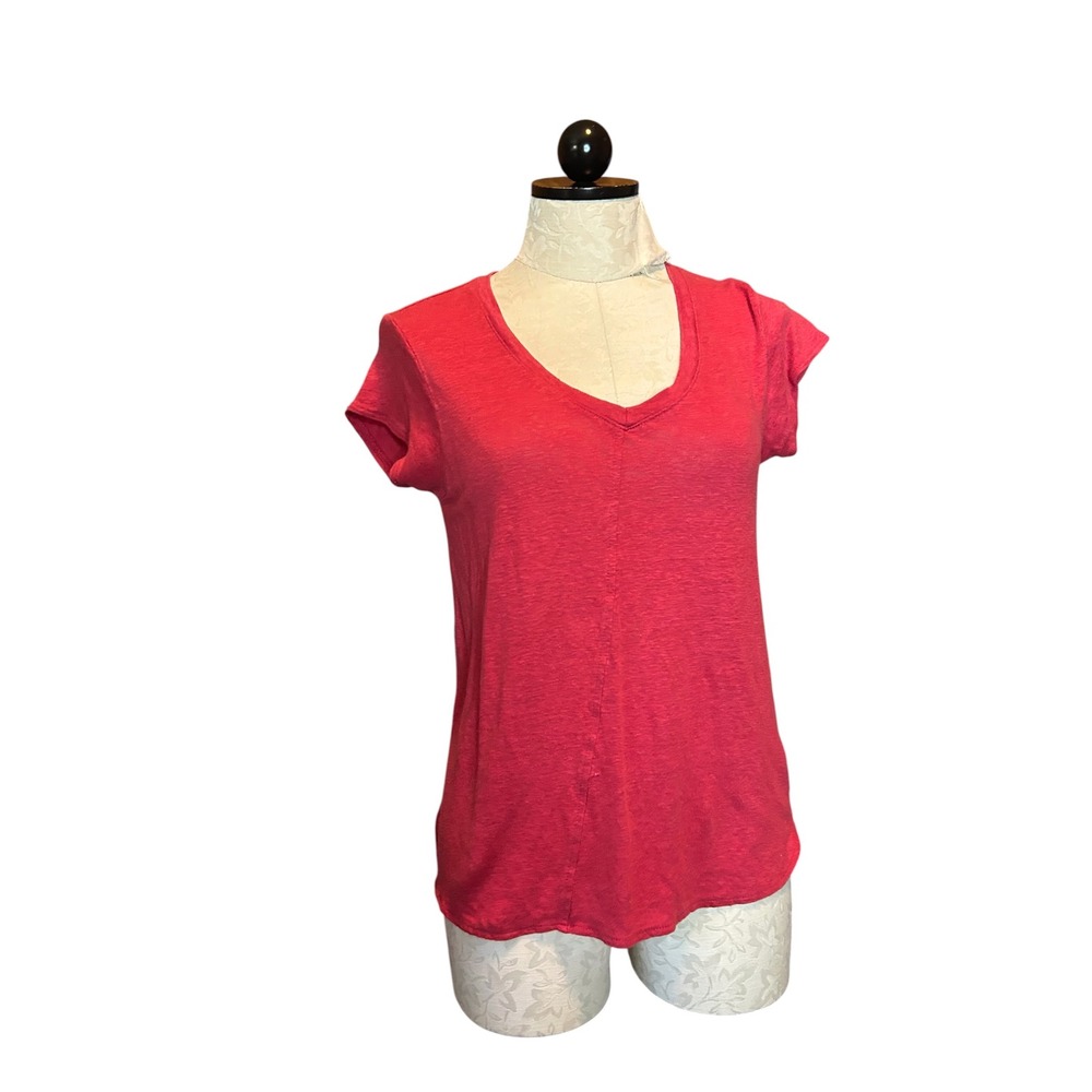 Tahari Women Red 100% Linen V-Neck Cap Sleeve T-Shirt Top Size S